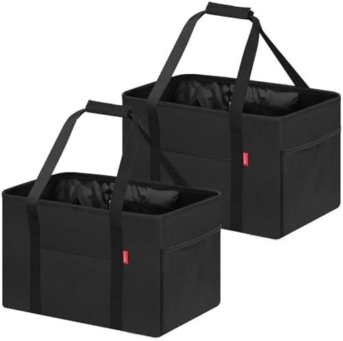 LHZK 2 Pack Utility Tote Bag with Metal Wire Frame and the Sides Rinforced, Large Tote Bag with Handle, Reusable Grocery Bags Foldable, Beach Bag, Car Tote (Black, 18.5''x11.8''x11.5'') by LHZK