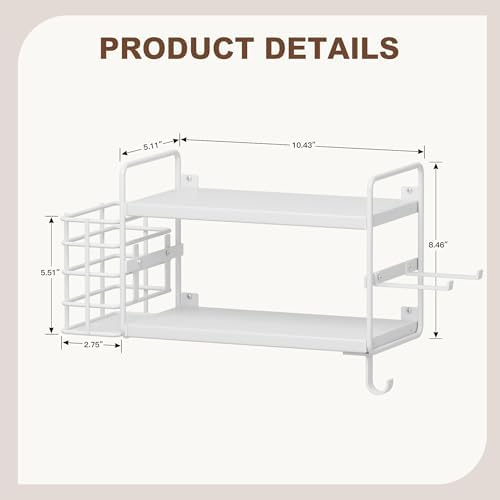 3-in-1 Wall Mounted Hair Dryer Holder with 2 Tier Shelves & Detachable Basket, Space Saving Organizer for Bathroom, Kitchen, Bedroom, Rust-Resistant, Easy Install (White) - Image 2