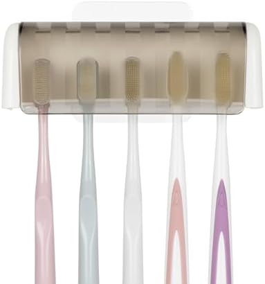 5 Slots Wall Mount Toothbrush Holder with Cover, Self Adhesive Toothbrush Storage Organizer for Shower, Toothbrush Hanger for Bathroom, Medicine Cabinet, Dorm(White + Grey) - Image 4