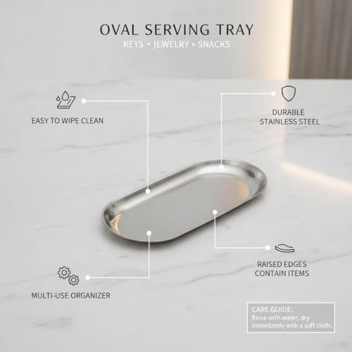 Oval Serving Tray, Stainless Steel Catchall for Keys Jewelry Snacks, Decorative Organizer for Vanity Entryway (1 PC) - Image 4