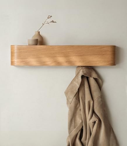 Kazai. Wall-Mounted Coat Rack 'Toke' - Modern Design Coat Rack with Hidden Wall Hooks - Solid Wood Veneer Panel Coat Hanger - Oak by KAZAI