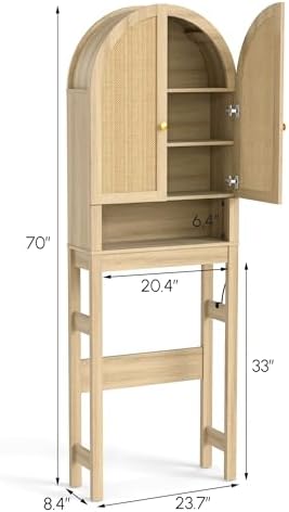 HMstone Over The Toilet Storage Cabinet, Arched Bathroom Organizer and Storage with Rattan Doors and Adjustable Shelf, Space-Saving Freestanding Bathroom Modern Storage Cabinet Over Toilet (Natural) - Image 2