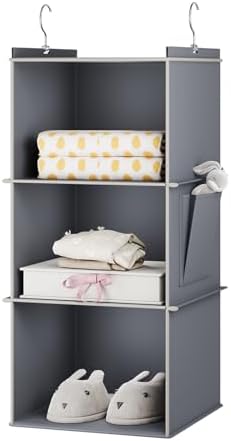 YOUDENOVA Hanging Closet Organizer and Storage for Clothes, 3-Shelf, Grey | Locker/RV/Camper Organizer, Side Pocket, Hanging Shelves for Small Closet, Dorm Room Essentials for Guys, Breathable Fabric by YOUDENOVA