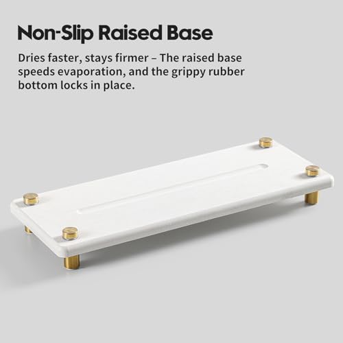 Razborci Water Absorbing Stone Sink Caddy Kitchen Sink Organizer Tray, Diatomite Bathroom Counter Tray, Gold Faucet Drying Mat Coaster Soap Dish Rack Riser Dispenser Sponge Holder, White 10" x 4" - Image 5