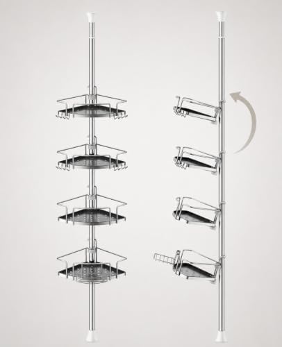 ALLZONE Corner Shower Caddy Tension Pole, 4 Hang-On Basket with Mixed-Height Shelves for Various Bottle Sizes, Extra Hooks & Soap Holder, Rustproof Stainless Steel, Fits 34–116 Inch, Silver/Dark Gray by ALLZONE