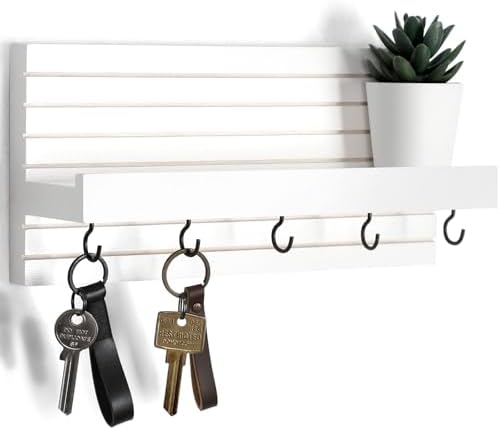 Lwenki Decorative Key Holder for Wall with Shelf, Entryway Shelf with Hooks Holds Leashes, Jackets and Glasses – Sturdy Wood Keyholder Entrance Hanger with Mounting Hardware (White, Medium) by Lwenki