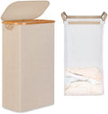 iEGrow 65L Slim Laundry Hamper, Narrow Laundry Basket with Lid,Foldable Clothes Hamper with Bamboo Handles,Hamper Basket with Removable Inner Bag for Laundry Room Bedroom College Dorm,Oatmeal by iEGrow