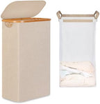 iEGrow 65L Slim Laundry Hamper, Narrow Laundry Basket with Lid,Foldable Clothes Hamper with Bamboo Handles,Hamper Basket with Removable Inner Bag for Laundry Room Bedroom College Dorm,Oatmeal by iEGrow