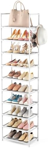 LANTEFUL 10 Tiers Tall Shoe Rack 20-25 Pairs Boots Organizer Storage Sturdy Narrow Shoe Shelf for Entryway, Closets with Hooks, White by LANTEFULforTidyingHouse
