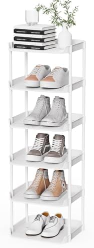 6 Tier Narrow Shoe Storage Rack, Compact Single Shoerack Stand for Slim Space, Stackable Tall Thin Show Tower, Solid Plastic Shelves, for Hallways, Kitchens, Bedrooms Tidy Organizer, White by StorageOrganizersforHome