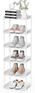 6 Tier Narrow Shoe Storage Rack, Compact Single Shoerack Stand for Slim Space, Stackable Tall Thin Show Tower, Solid Plastic Shelves, for Hallways, Kitchens, Bedrooms Tidy Organizer, White by StorageOrganizersforHome