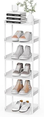 6 Tier Narrow Shoe Storage Rack, Compact Single Shoerack Stand for Slim Space, Stackable Tall Thin Show Tower, Solid Plastic Shelves, for Hallways, Kitchens, Bedrooms Tidy Organizer, White by StorageOrganizersforHome