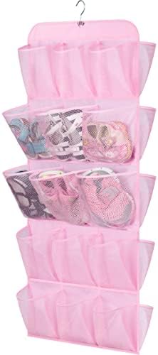 MISSLO 30 Large Pockets Dual Sided Hanging Shoe Organizer for Closet with Rotating Hanger Hanging Shoe Shelves, Pink by MISSLO