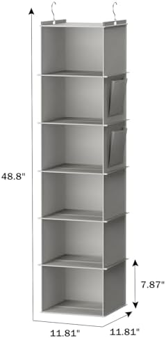YOUDENOVA Hanging Closet Organizer and Storage, 6-Shelf, Light Grey | Breathable Fabric, 2 Side Pockets, Clothes Organizer, Hanging Shelves, Closet Storage, College Dorm Room Essentials for Guys - Image 3
