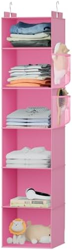 Hanging Closet Organizer and Storage with Bamboo Support, 6-Shelf Closet Hanging Storage Shelves, Closet Organizers Easy Mount Foldable for Bedroom (Pink) by VERONLY