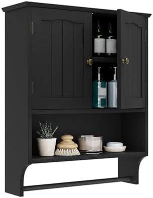 Smuxee Black Bathroom Cabinet Wall Mounted with Towels Bar, Medicine Cabinet with 2 Door Adjustable Shelves, Over Toilet Cabinet for Bathroom Laundry Room Kitchen by Smuxee