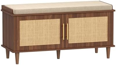 Akxomel 39.4" Rattan Shoe Storage Bench 2 Doors Entryway Bench Walnut by Akxomel