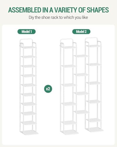 Hzuaneri 10 Tiers Vertical Shoe Rack, Narrow Shoe Tower, Tall Shoes Shelf with 2 Hooks, Adjustable Shelves, Corner Shoes Shelves for Small Spaces, Entryway, Living Room, White SR11213W - Image 5