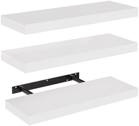 AMADA HOMEFURNISHING Floating Shelves, Wall Shelves for Bathroom/Living Room/Bedroom/Kitchen Decor, White Shelves with Invisible Brackets Set of 3 - AMFS08 by AMADAHOMEFURNISHING