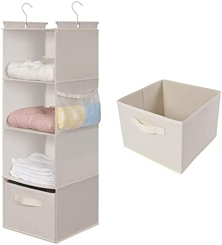 MAX Houser 4-Shelf Hanging Closet Organizer, Space Saver, Cloth Hanging Shelves with 2 Side Pockets, Foldable (Beige) | Foldable Fabric Hanging Shelves for Closet, Cloth Hanging Shelves with 2 sturdy hanging hooks, Small Space Saver by MAXHouser