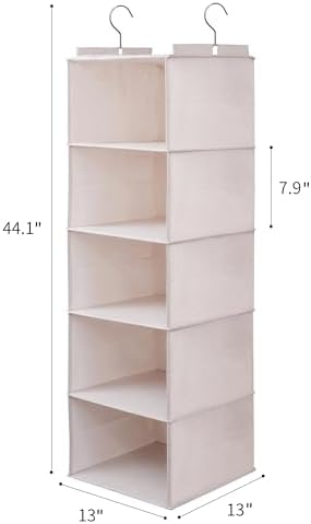 Large Hanging Sweater Organizer for Closet,Collapsible 6-Shelf Hanging Closet Shelves with Drawers, Washable (Beige -5 Shelf-2 d) - Image 2