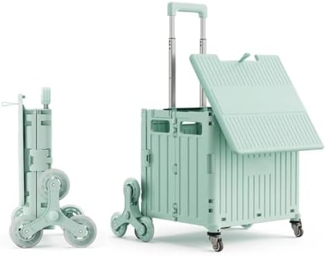 Foldable Utility Cart with Stair Climbing Wheels, Collapsible Rolling Crate with Telescoping Handle, Folding Shopping Trolley Handcart Grocery Book File Tool Teacher Storage Basket (Green, 8 Wheels) by Gorocking