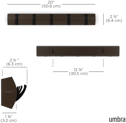 Umbra Flip Coat Rack, Wall Mounted 5-Hook Space Saving, Walnut/Black - Image 3