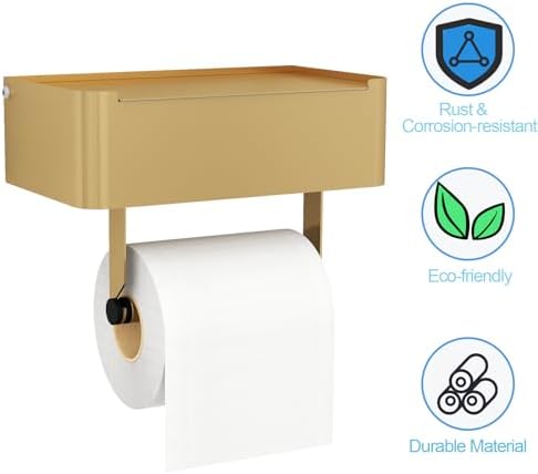 JUYSON Toilet Paper Holder, Toilet Paper Holder with Shelf, Color Gold - Image 5