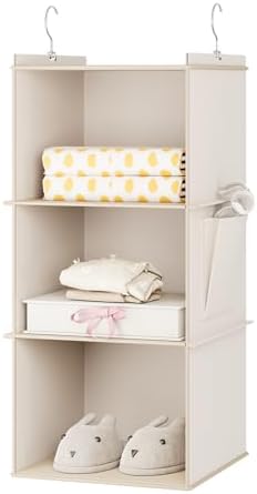 YOUDENOVA Hanging Closet Organizer and Storage for Clothes, 3-Shelf, Beige | Locker/RV/Camper Organizer, Side Pocket, Hanging Shelves for Small Closet, Dorm Room Essentials for Guys, Breathable Fabric by YOUDENOVA
