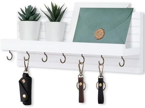 Lwenki Decorative Key Holder for Wall with Shelf, Entryway Shelf with Hooks Holds Leashes, Jackets and Glasses – Sturdy Wood Keyholder Entrance Hanger with Mounting Hardware (White, Large) by Lwenki