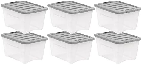 Amazon Basics Plastic Storage Containers with Secure Latching Lids, Stackable Organization Bins, Clear/Grey, 32 Quart, Set of 6 by AmazonBasics