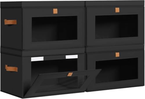 DIMJ Storage Bins with Lids - 4 Pack Large Fabric Closet Organizer with Window & Handles, Collapsible Decorative Storage Boxes for Shelves Under Bed, Books Clothes Blankets Sweaters Organization by DiMJ