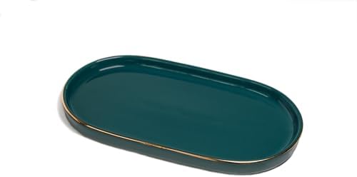 Ceramic Jewelry Dish, Perfume Vanity Tray, 7x4 Decorative Catch All Bowl for Trinket Key Ring, Small Bathroom Counter Tray, Soap Tray for Kitchen Sink (Green) by HANKOR