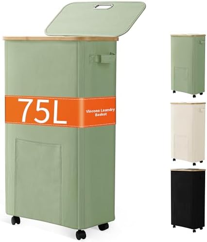 Vincona Laundry Basket with Wheels, Dirty Clothes Hamper on Wheels, Rolling Tall Laundry Hamper with lid for Laundry Room, Dorm and Bathroom, 75L Sage Green by Vincona