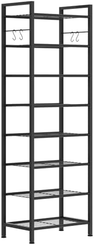 8 Tiers Narrow Shoe Rack 16-24 Pairs, Sturdy Metal Tall Shoe Rack with 4 Hooks, Slim Shoe Storage Organizer with Metal Shelf, Space Saving Vertical Shoe Shelf for Entryway, Closets, Black by USIKEY