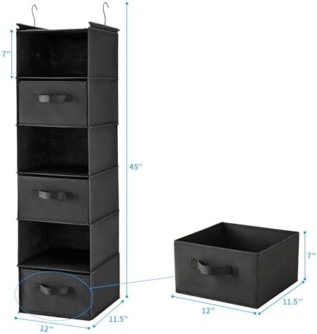 MAX Houser 6 Tier Foldable Hanging Closet Organizer with Hooks, Black-D3 | foldable lightweight fabric closet storage with 3 Drawers, space-saving design for Bedroom, Closet Hanging Shelf for Storage - Image 3