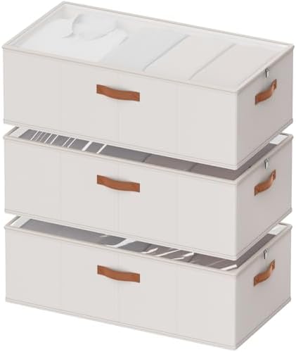 10inch 3 Pack Under Bed Storage Containers, 10 Inch Tall Underbed Clothes Storage Organizer Bin with Clear Window，Foldable Box Basket for Clothes, Closet, Bed Sheets and Blankets White by Chizjox