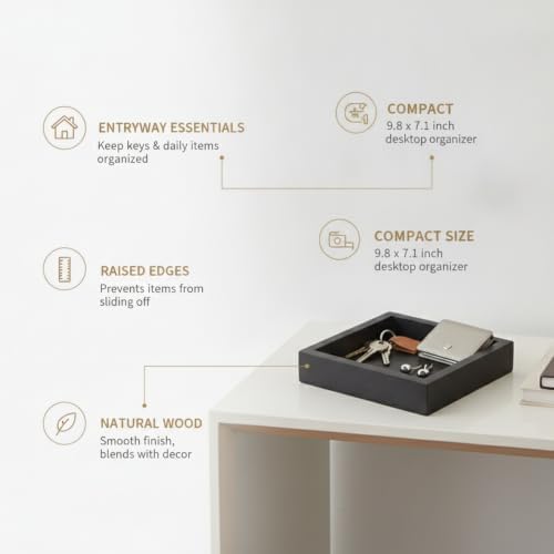 Black Wooden Catchall Tray with Raised Edges, 9.8 x 7.1 Inch Entryway Organizer for Keys and Jewelry, Modern Desktop Storage Dish - Image 4