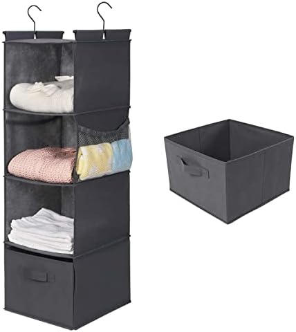 MAX Houser 4-Shelf Hanging Closet Organizer, Space Saver, Cloth Hanging Shelves with 2 Side Pockets, Foldable (Grey) | Foldable Fabric Hanging Shelves for Closet, Cloth Hanging Shelves with 2 sturdy hanging hooks, Small Space Saver by MAXHouser