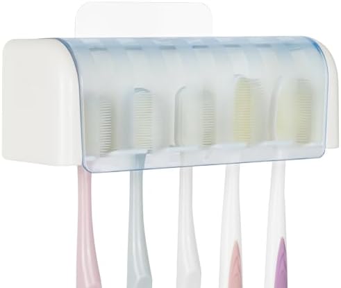 5 Slots Wall Mount Toothbrush Holder with Cover, Self Adhesive Toothbrush Storage Organizer for Shower, Toothbrush Hanger for Bathroom, Medicine Cabinet, Dorm(White + Blue) - Image 4