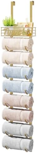 HapiRm Towel Racks for Bathroom Storage - 9 Tier Over The Door & Wall Mount Rolled Towel Storage Organizer Holder with Metal Shelf Basket for Small Bathroom, Camper, Rv - Gold, Patented by HapiRm