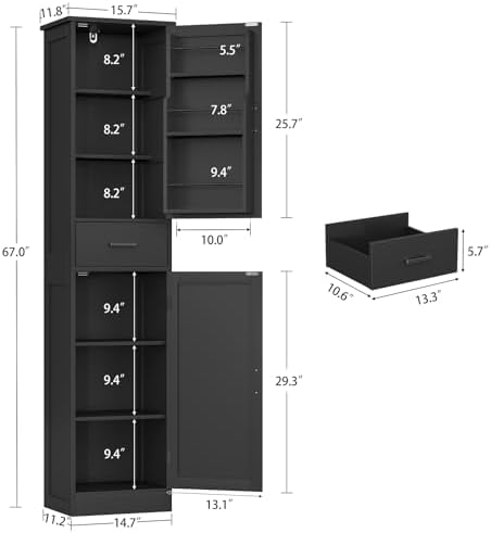 TEENFON Tall Storage Cabinet with 3 Door Shelves & 1 Drawer, Narrow Kitchen Pantry Cabinet for Living Room, Bathroom, Entryway, Black - Image 3