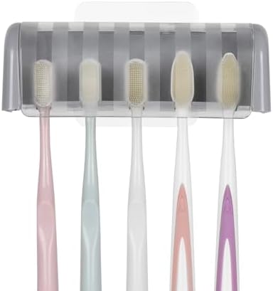 LUEXBOX 5 Slots Wall Mount Toothbrush Holder with Cover, Self Adhesive Toothbrush Storage Organizer for Shower, Toothbrush Hanger for Bathroom, Medicine Cabinet, Dorm (Grey) - Image 4