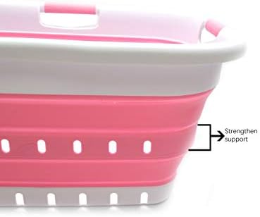 SAMMART 41L Collapsible 3 Handled Plastic Laundry Basket - Foldable Pop Up Storage Container/Organizer - Portable Basket - Space Saving Hamper/Basket (3 handled rectangular, White/Pink) - Image 5