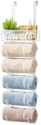 HapiRm Towel Racks for Bathroom Storage - 6 Tier Over The Door & Wall Mount Rolled Towel Storage Organizer Holder with Metal Shelf Basket for Small Bathroom, Camper, Rv - White, Patented by HapiRm