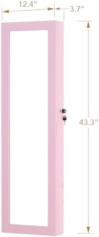 Full Length Mirror Jewelry Cabinet Organizer Lockable Door Wall-Mounted Jewelry Armoire with Shelves and Behind the Door Storage Pink - Image 4