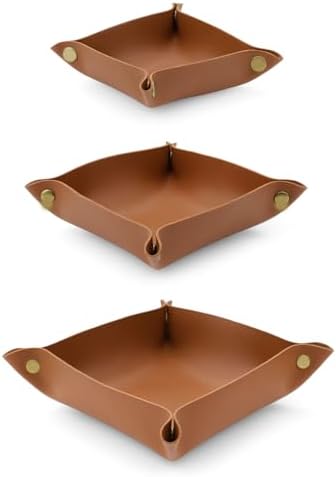 3 Pack Leather Valet Tray, 3 Sizes Catchall Tray Desk Organizer for Key Jewelry Trinket Watch Perfume Coin, for Entryway Table Nightstand Dresser Vanity Travel, Brown by Sekonow