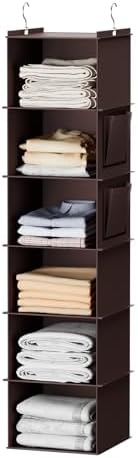 YOUDENOVA Hanging Closet Organizer and Storage, 6-Shelf, Brown | Breathable Fabric, Clothes Organizer with 2 Side Pockets, Hanging Shelves for Closet Storage, Dorm Room Essentials for Guys by YOUDENOVA