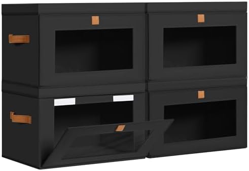 DIMJ Storage Bins with Lids - 4 Pack Large Fabric Closet Organizer with Window & Handles, Collapsible Decorative Storage Boxes for Shelves Under Bed, Books Clothes Blankets Sweaters Organization by DiMJ