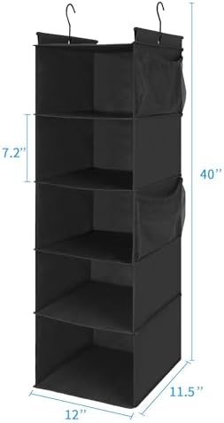 MAX Houser 5-Shelf Hanging Closet Organizer with 4 Side Pockets, Black | Foldable Fabric Hanging Shelves for Closet, Cloth Hanging Shelves with 2 sturdy hanging hooks, Small Space Saver - Image 3